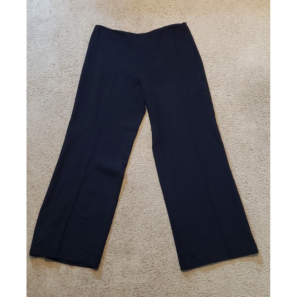 Eileen Fisher Black 100% Merino Wool Wide Leg Trousers Side Zip M Quiet Luxury